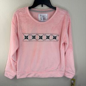 MUK LUKS NWT Winter Snowflake Pink Fleece Crewneck‎ Sweater Size MD